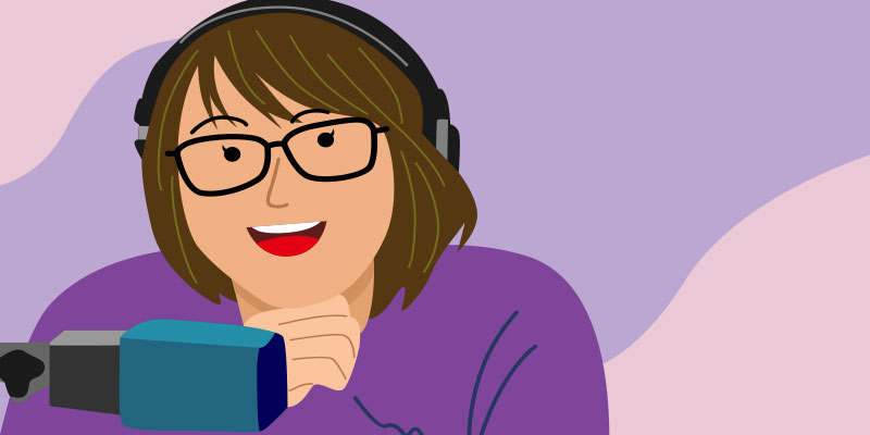 Cartoon illustration of a woman with glasses and headphones, holding a microphone