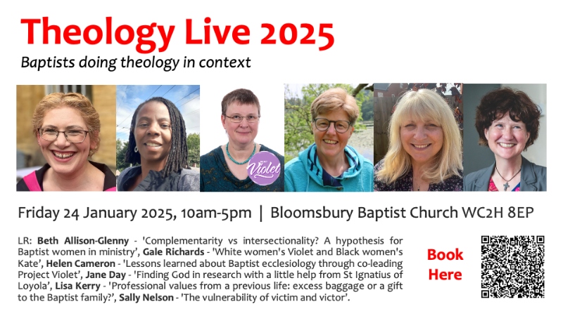 Theology live 2025 flyer featuring photos of the six speakers