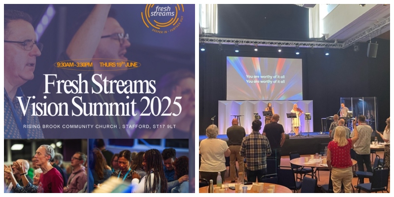 Collage of Fresh Streams Vision Summit flyer + a photo of delegates in sung worship