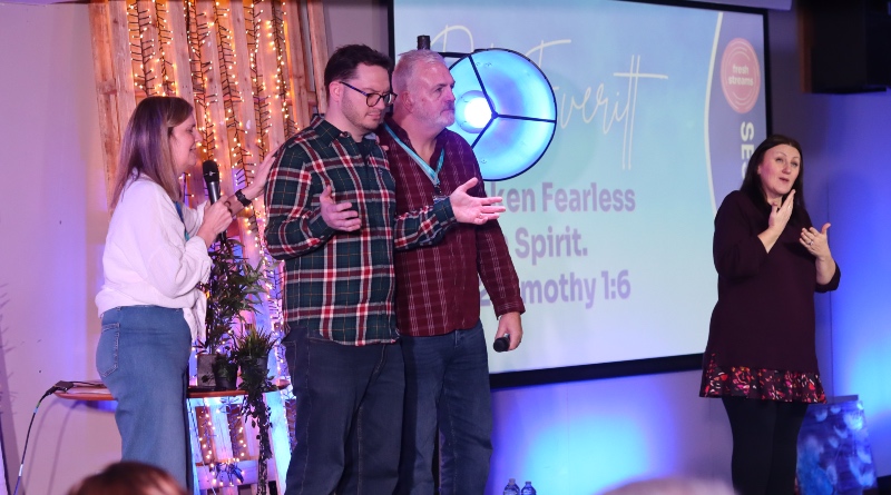 Pete Everitt is prayed for ahead of his talk at Fresh Streams