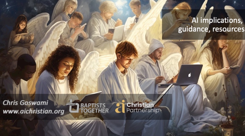 AN AI image of angels dressed in white studying laptops and books, surrounded by a celestial glow. Text reads "AI implications, guidance, resources" with Baptists Together and AI Christian Partnership logos below