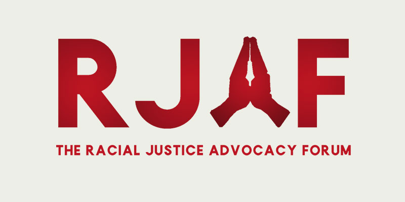 Logo for "RJAF: THE RACIAL JUSTICE ADVOCACY FORUM" in bold red lettering, featuring praying hands in place of the letter "A".